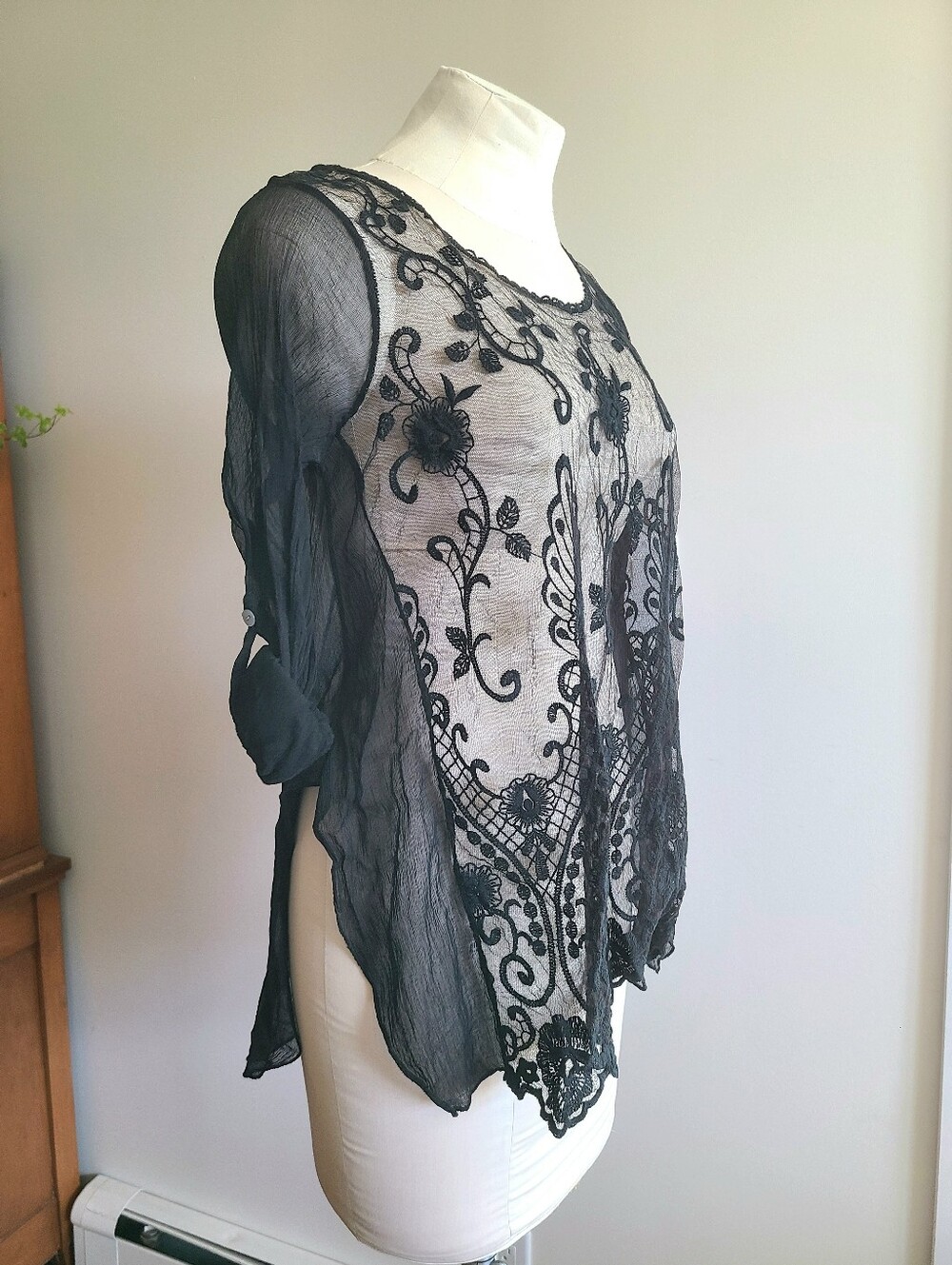 Black Sheer Embroidered Long-Sleeve Top - Picture 3 of 16